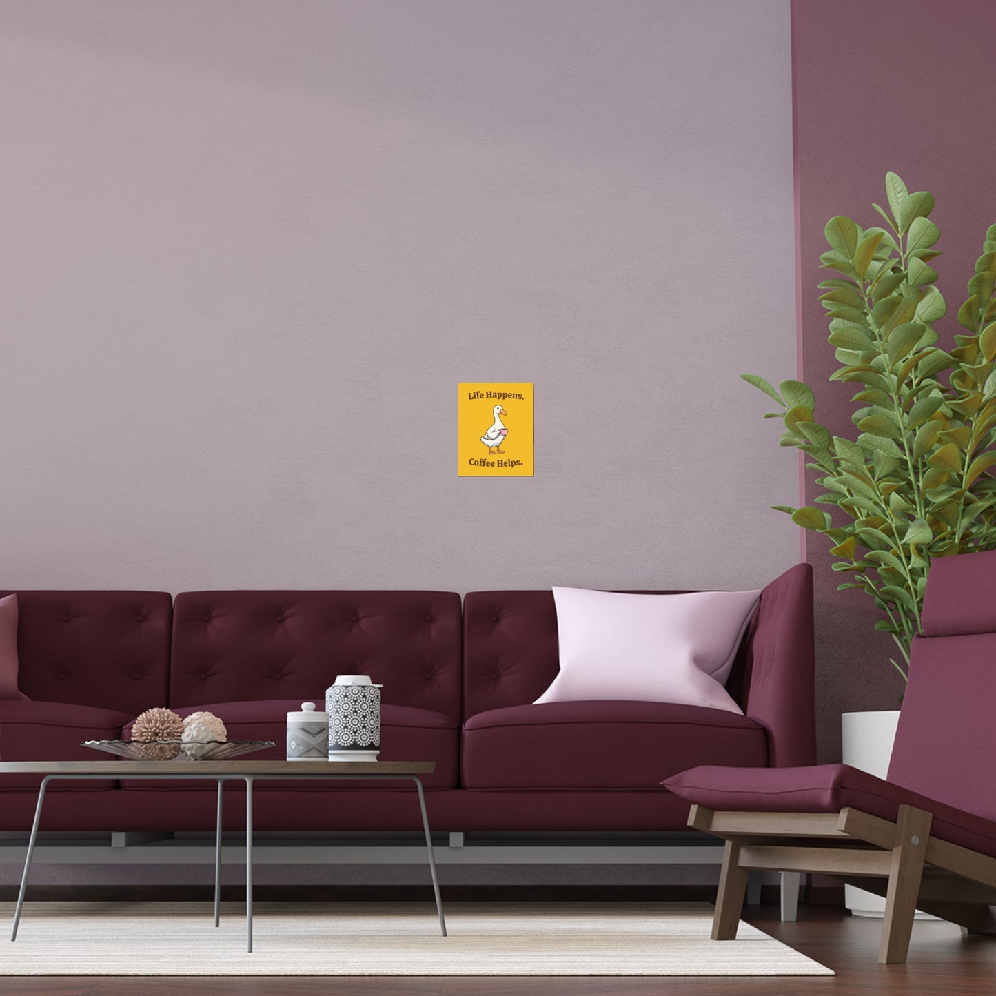 Coffee Duck Poster — “Life Happens. Coffee Helps.” Indoor/Outdoor Silk Print