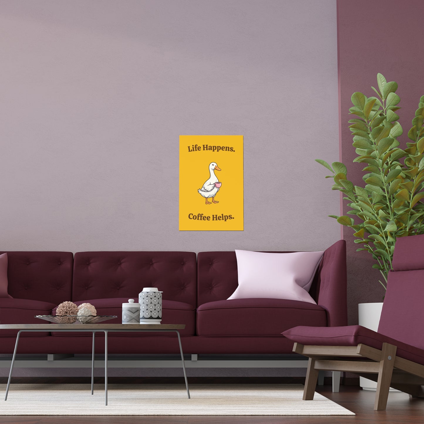 Coffee Duck Poster — “Life Happens. Coffee Helps.” Indoor/Outdoor Silk Print