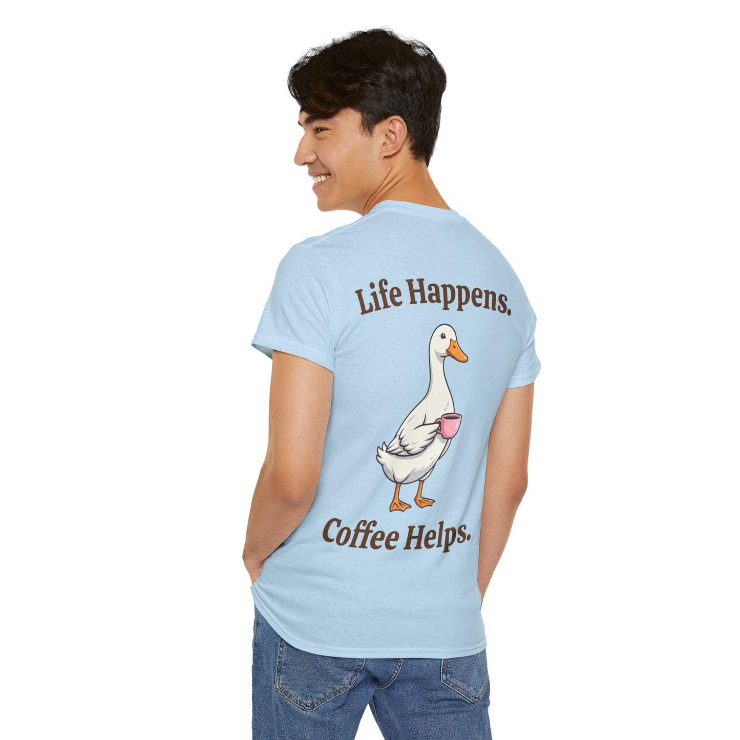 Coffee Duck T-Shirt — "Life Happens. Coffee Helps." Graphic Tee