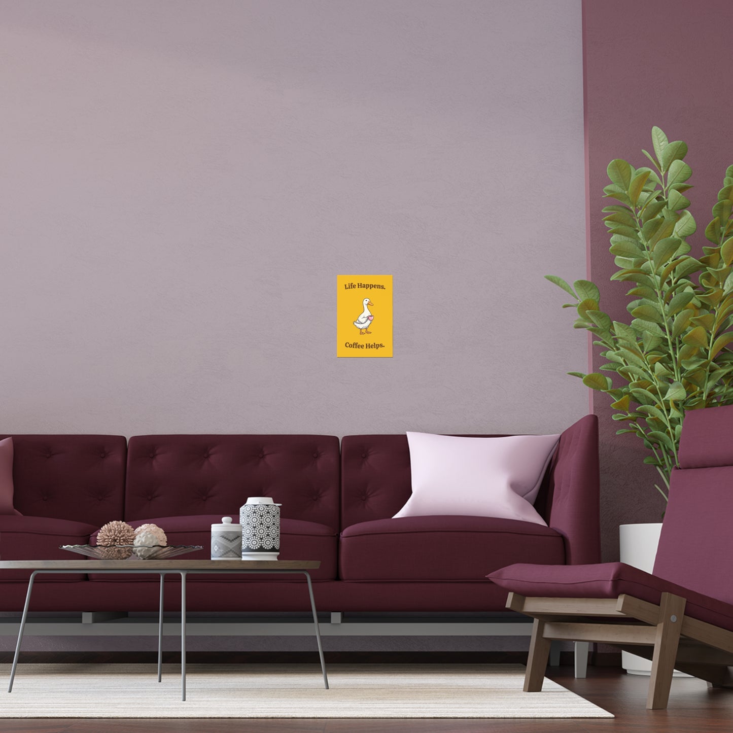Coffee Duck Poster — “Life Happens. Coffee Helps.” Indoor/Outdoor Silk Print