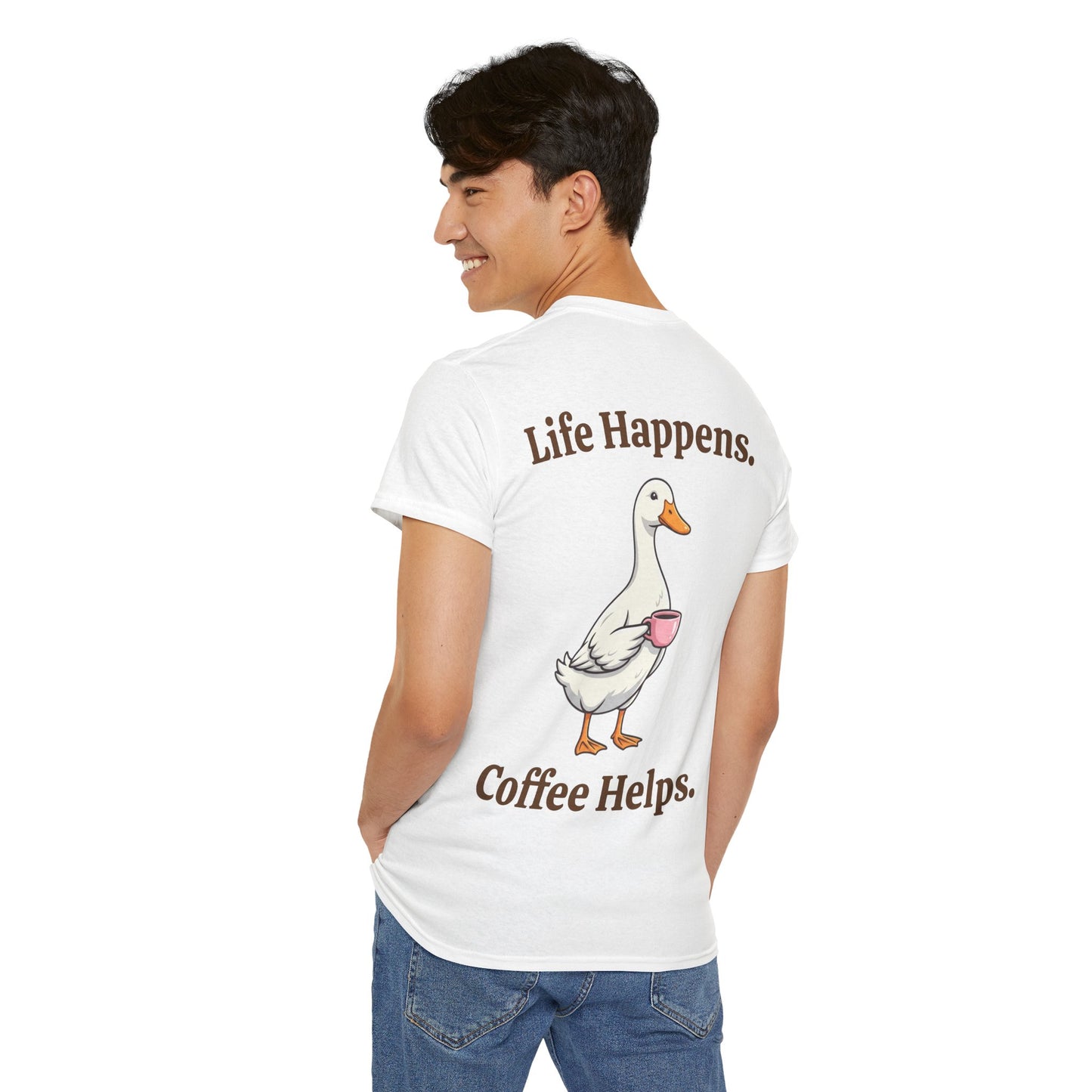 Coffee Duck T-Shirt — "Life Happens. Coffee Helps." Graphic Tee