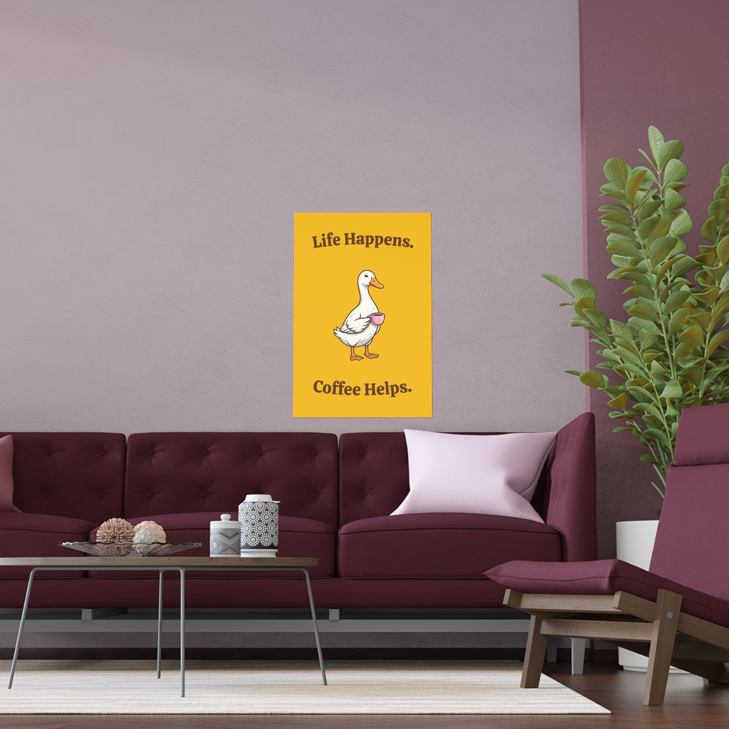 Coffee Duck Poster — “Life Happens. Coffee Helps.” Indoor/Outdoor Silk Print