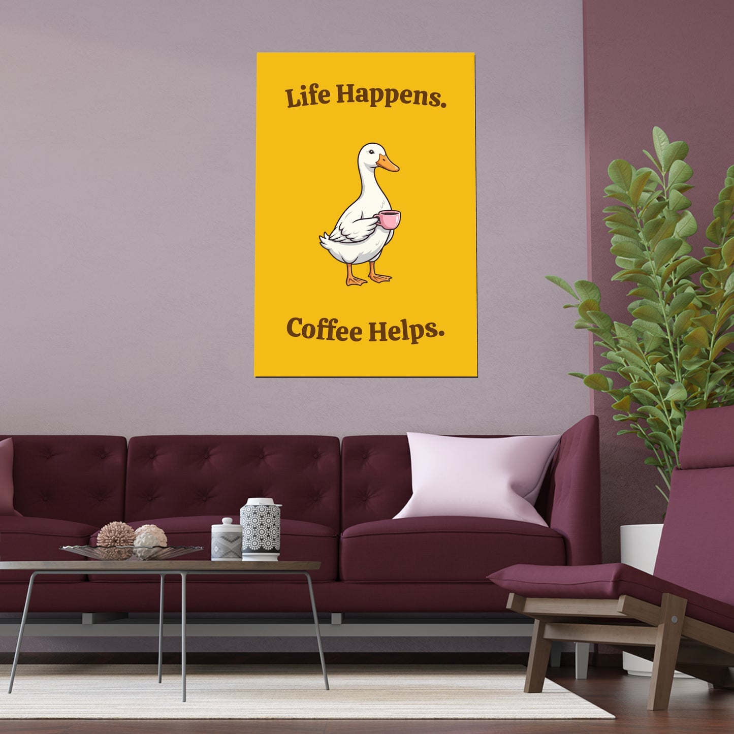Coffee Duck Poster — “Life Happens. Coffee Helps.” Indoor/Outdoor Silk Print