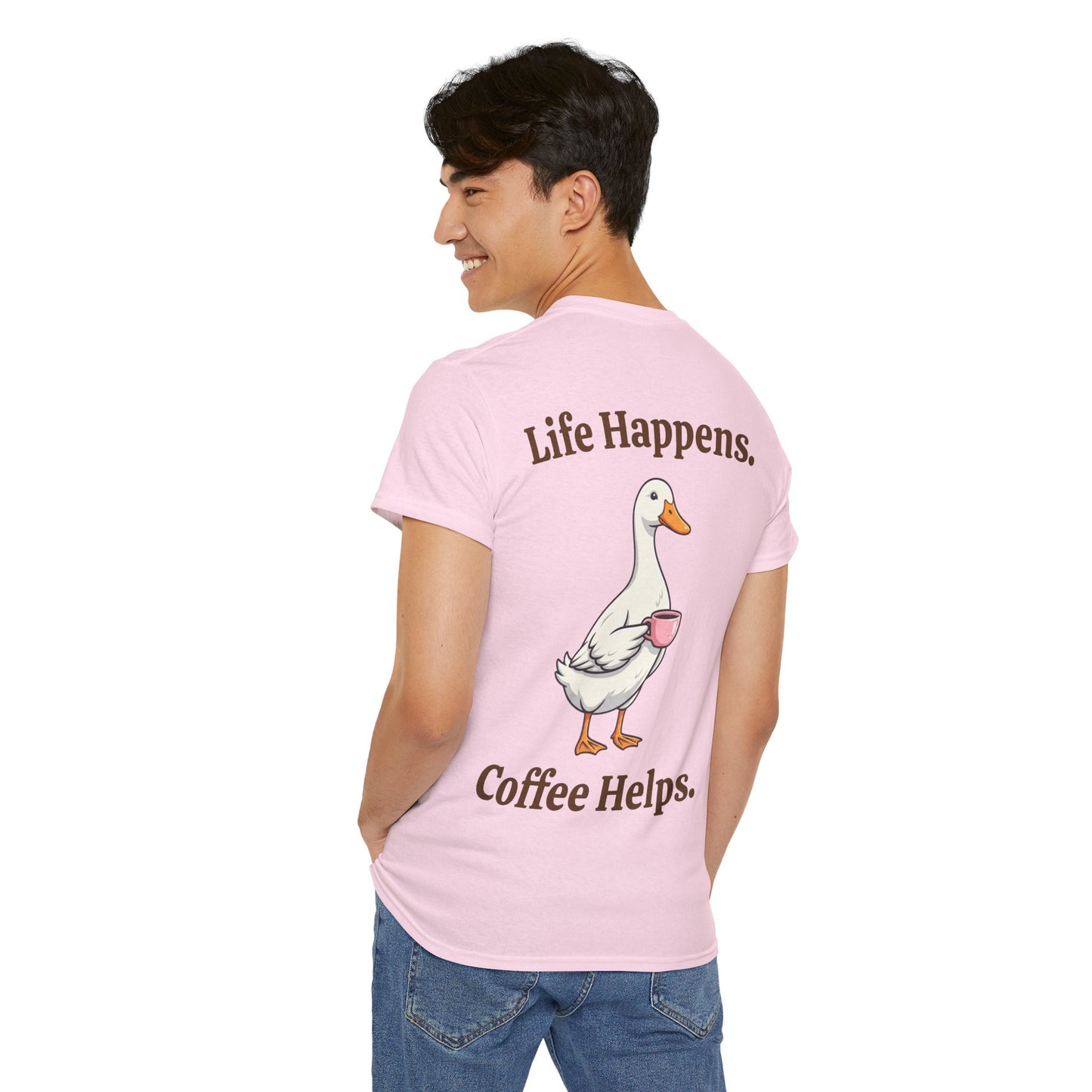 Coffee Duck T-Shirt — "Life Happens. Coffee Helps." Graphic Tee