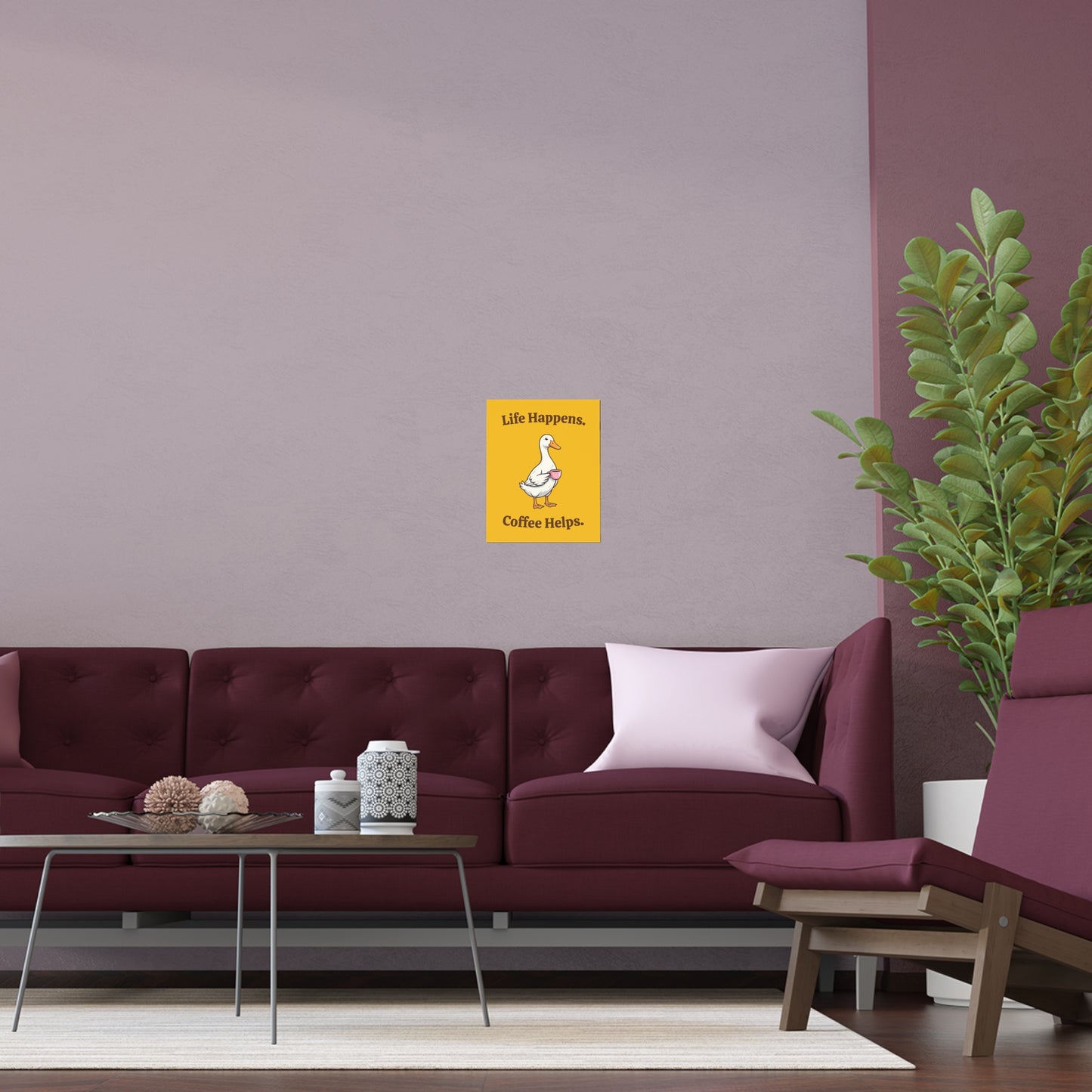 Coffee Duck Poster — “Life Happens. Coffee Helps.” Indoor/Outdoor Silk Print